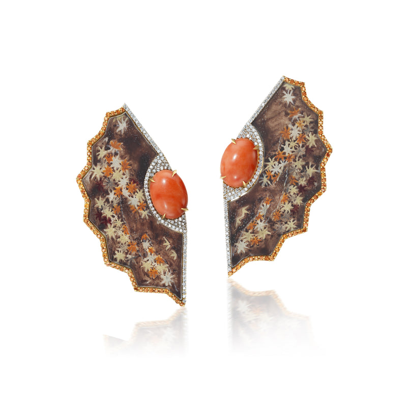 18k yellow gold obi hand painted leaf motif fan earrings with cabochon coral, diamonds and orange sapphire border by Silvia Furmanovich Tiny Gods