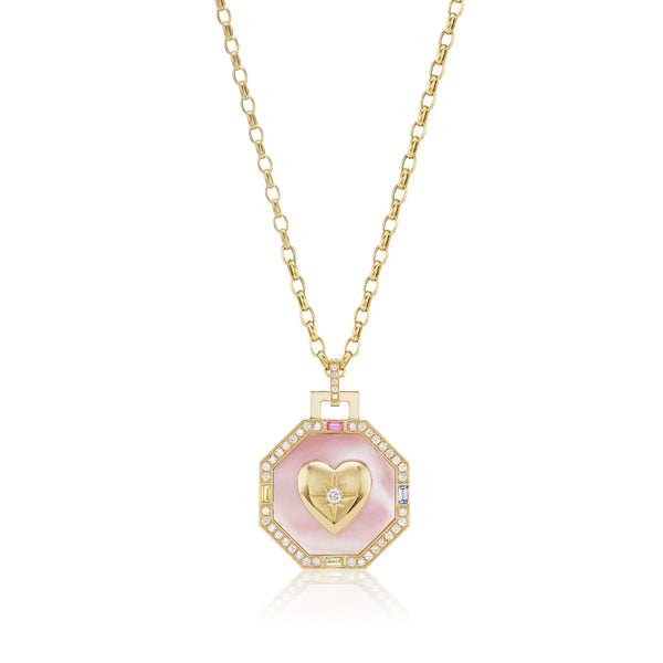 18k yellow gold octagonal amanita pink mother of pearl heart pendant by Sorellina Tiny Gods