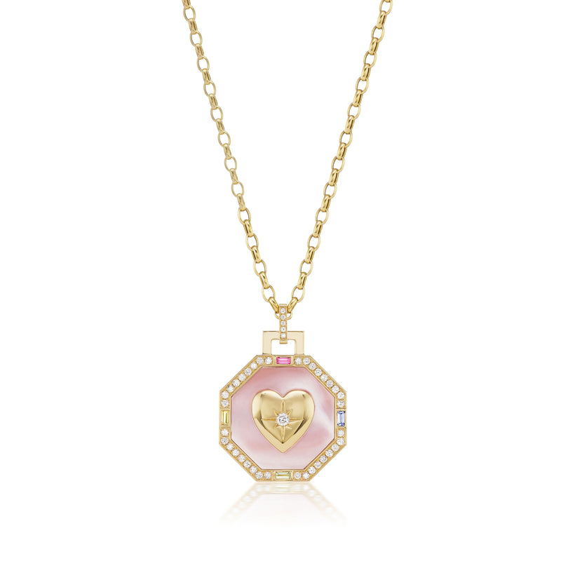 18k yellow gold octagonal amanita pink mother of pearl heart pendant by Sorellina Tiny Gods