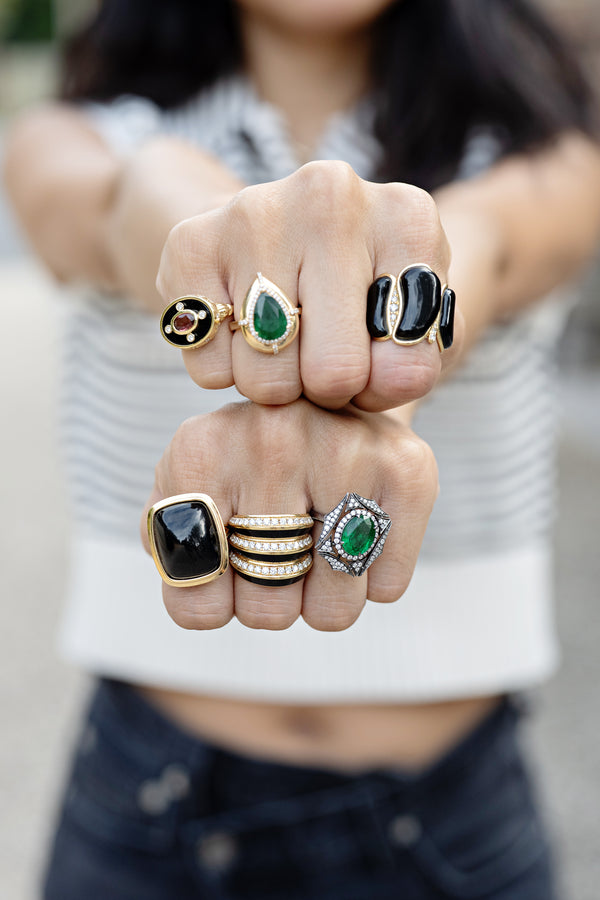 18k yellow gold and black onyx cabochon statement ring by Goshwara Tiny Gods