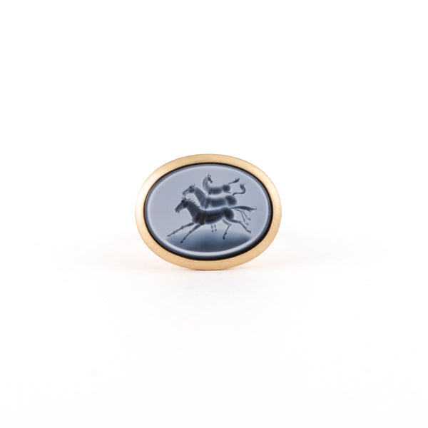 18k yellow gold bezel set onyx cameo horse ring by Sylva & Cie Tiny Gods