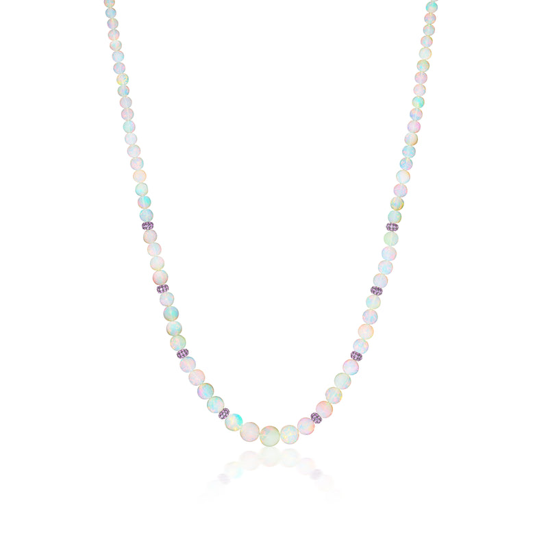 18k white gold and sterling silver opal bead necklace with pink sapphire rondelle beads by Sylva & Cie Tiny Gods