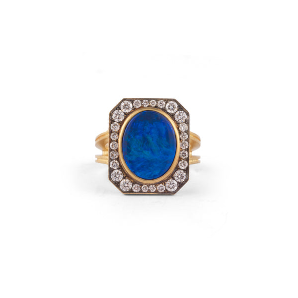 18k yellow gold diamond and black rhodium oval opal renee ring by Sylva & Cie Tiny Gods