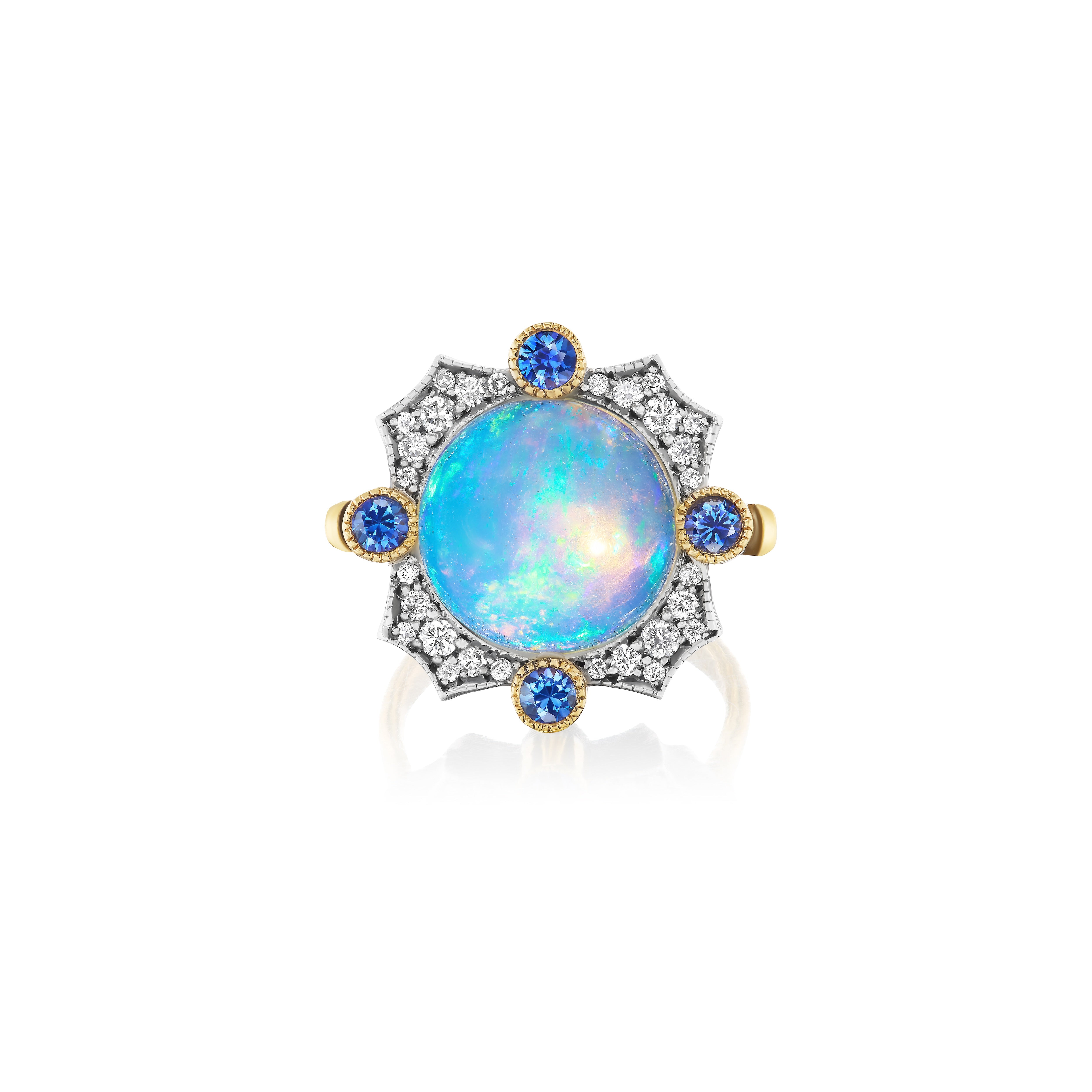 22k yellow gold opal and diamond blue sapphire antique ring by Arman Sarkisyan Tiny Gods 