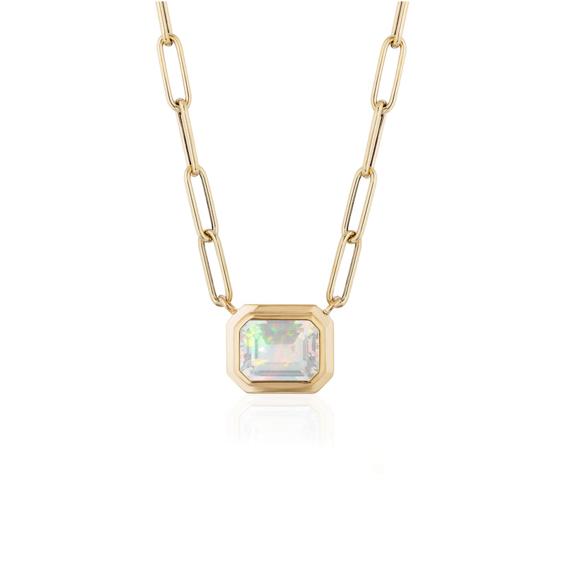 opal emerald cut Manhattan cut bezel yellow gold goshwara 