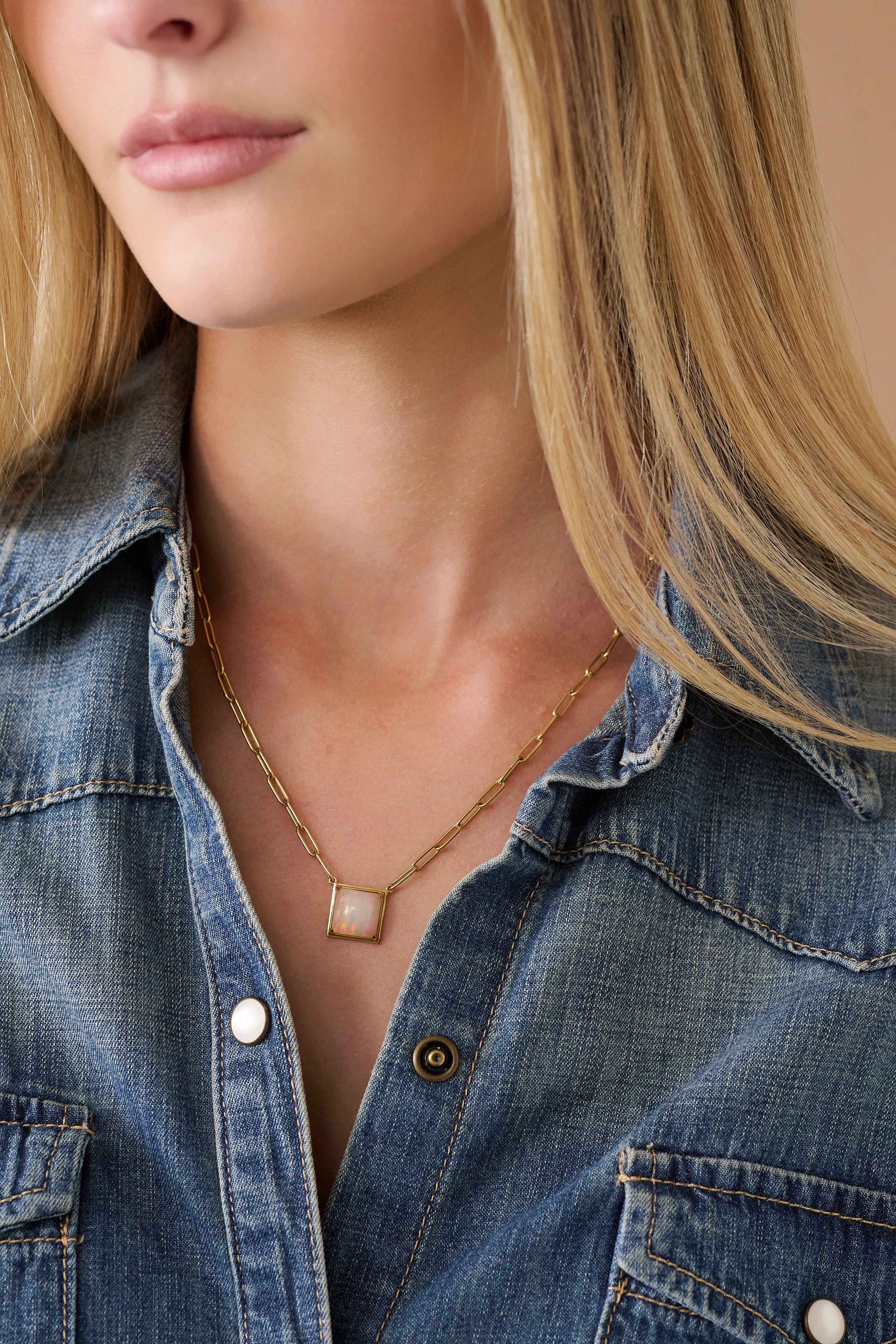 18k yellow gold square opal pendant on a paperclip link chain necklace by Goshwara Tiny Gods on model