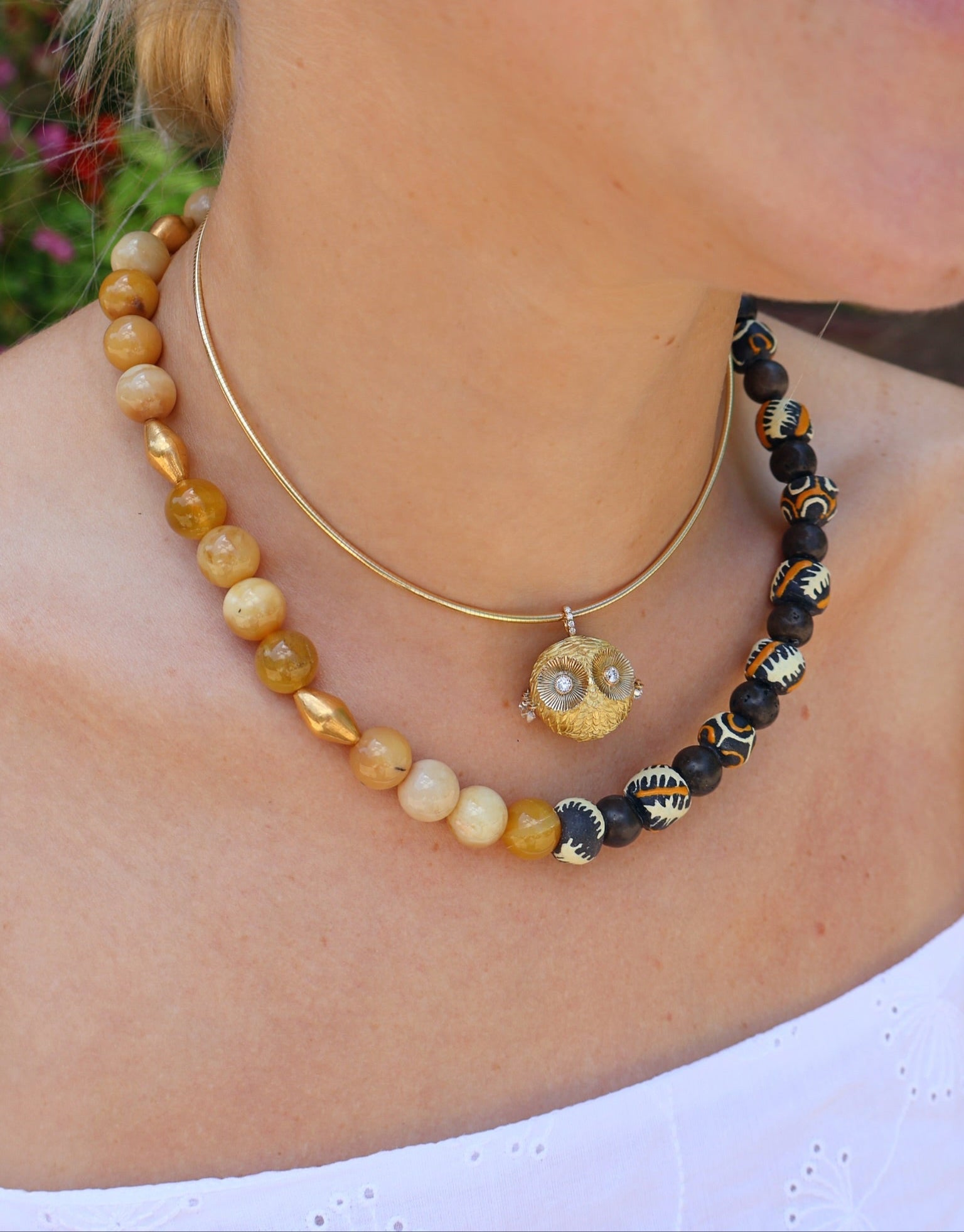 18k yellow gold and silver opal Murano glass and volcanic lava beaded half necklace by Sylva & Cie Tiny Gods 