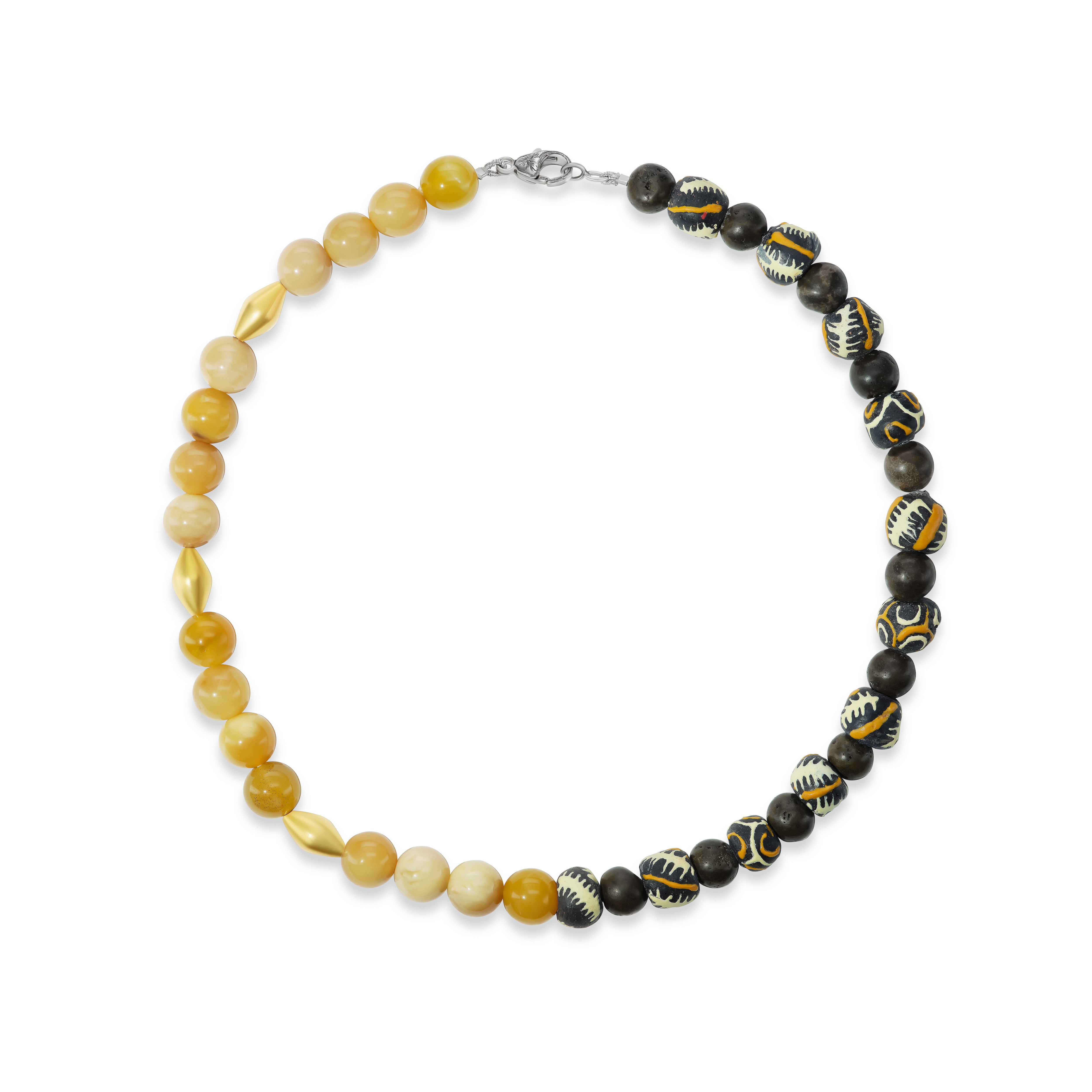 18k yellow gold and silver opal Murano glass and volcanic lava beaded half necklace by Sylva & Cie Tiny Gods 