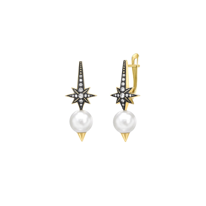18k yellow gold oseanyx star pearl earrings with diamonds and white sapphire by Venyx Tiny Gods