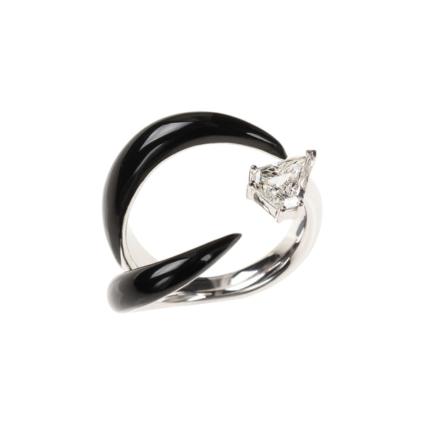 18k white gold Oui corner diamond ring with black enamel by Nikos Koulis Tiny Gods