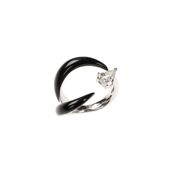 18k white gold Oui corner diamond ring black enamel by Nikos Koulis Tiny Gods