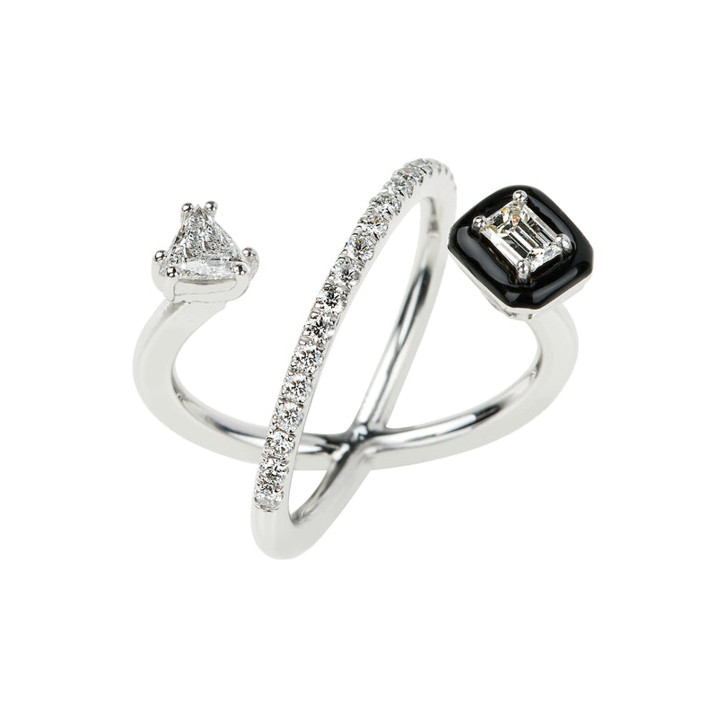 18k white gold Oui diamond crisscross ring with black enamel by Nikos Koulis Tiny Gods
