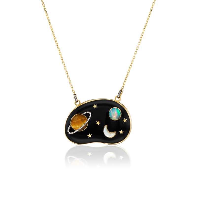 18k yellow gold outer space pendant with plants moon and stars by Silvia Furmanovich Tiny Gods