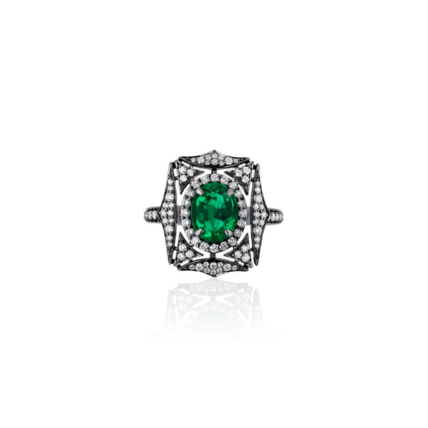 18k white gold and black rhodium diamond and oval emerald web ring by Goshwara Tiny Gods