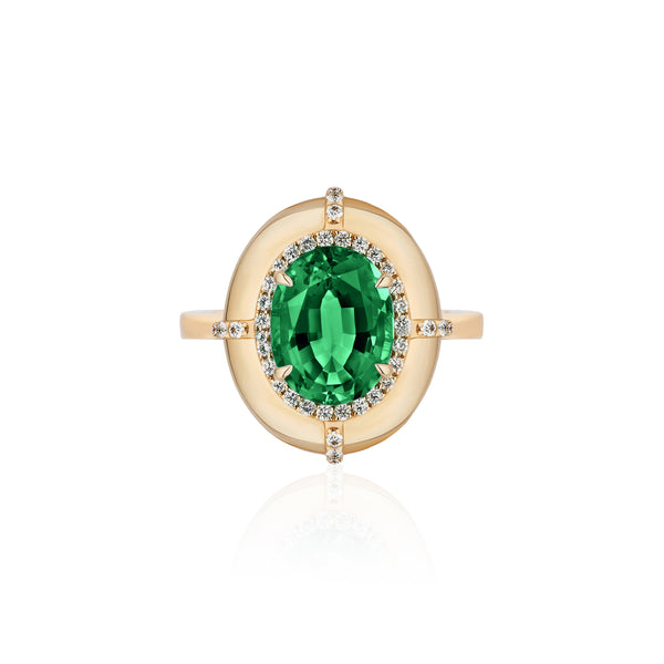 18k yellow gold faceted oval emerald ring with pave diamonds by Goshwara Tiny Gods