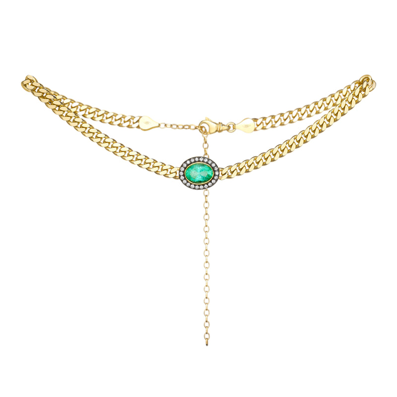 18k yellow gold oval green emerald diamond choker pendant necklace by Venyx Tiny Gods