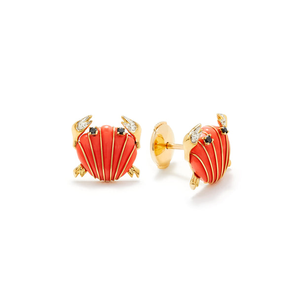PAIRE DE BO CRABE COQUILLAGE CORAIL OR J crab coral earrings yellow gold tiny gods Yvonne Léon 