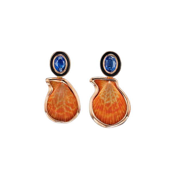 18k yellow gold palm beach orange clam shell and kyanite earrings with black enamel by Dezso Tiny Gods