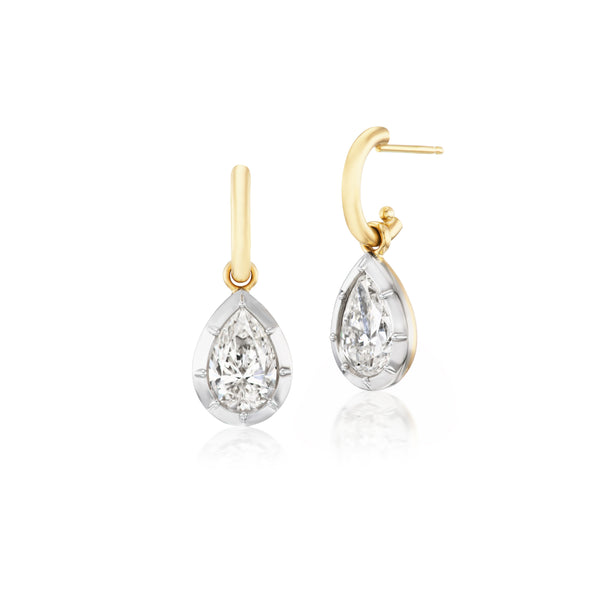 18k yellow gold Pear shaped diamond bezel drop Huggies Earrings Jessica McCormick Tiny Gods