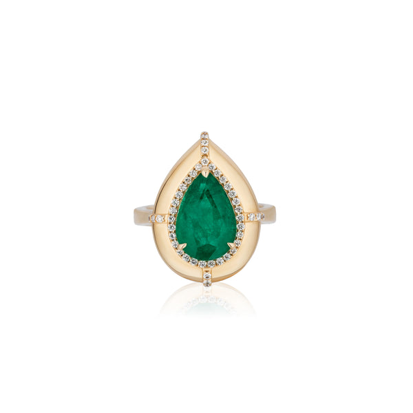 18k yellow gold pear cut emerald with diamond halo bezel set ring by Goshwara Tiny Gods