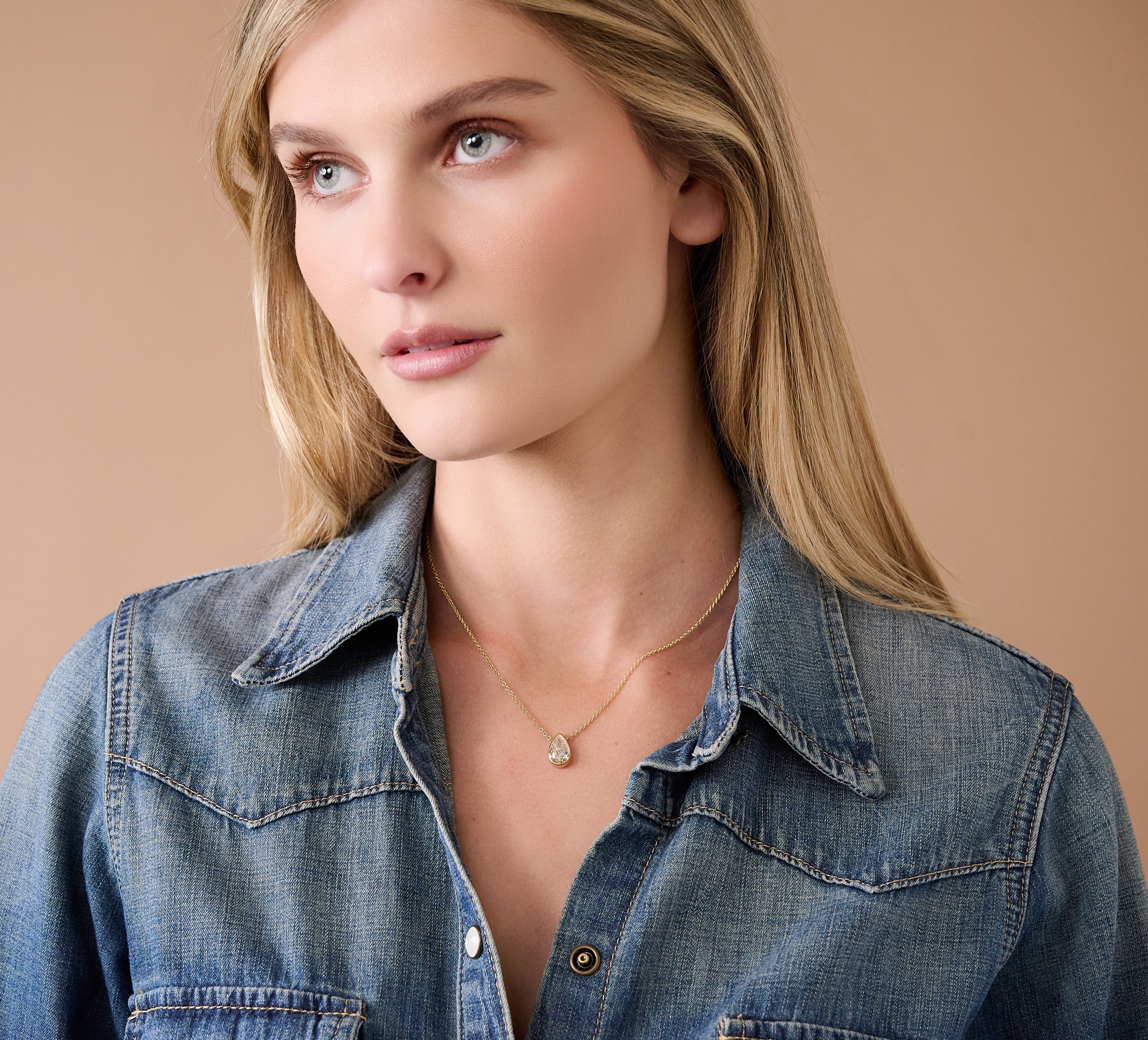 14k yellow gold 2ct pear cut diamond pendant necklace by Tiny Gods on model