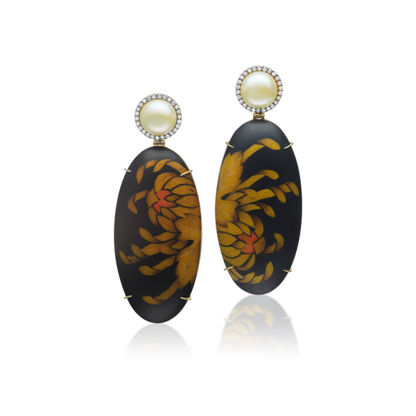 18k yellow gold pearl and diamond black lotus marquetry earrings by Silvia Furmanovich Tiny Gods