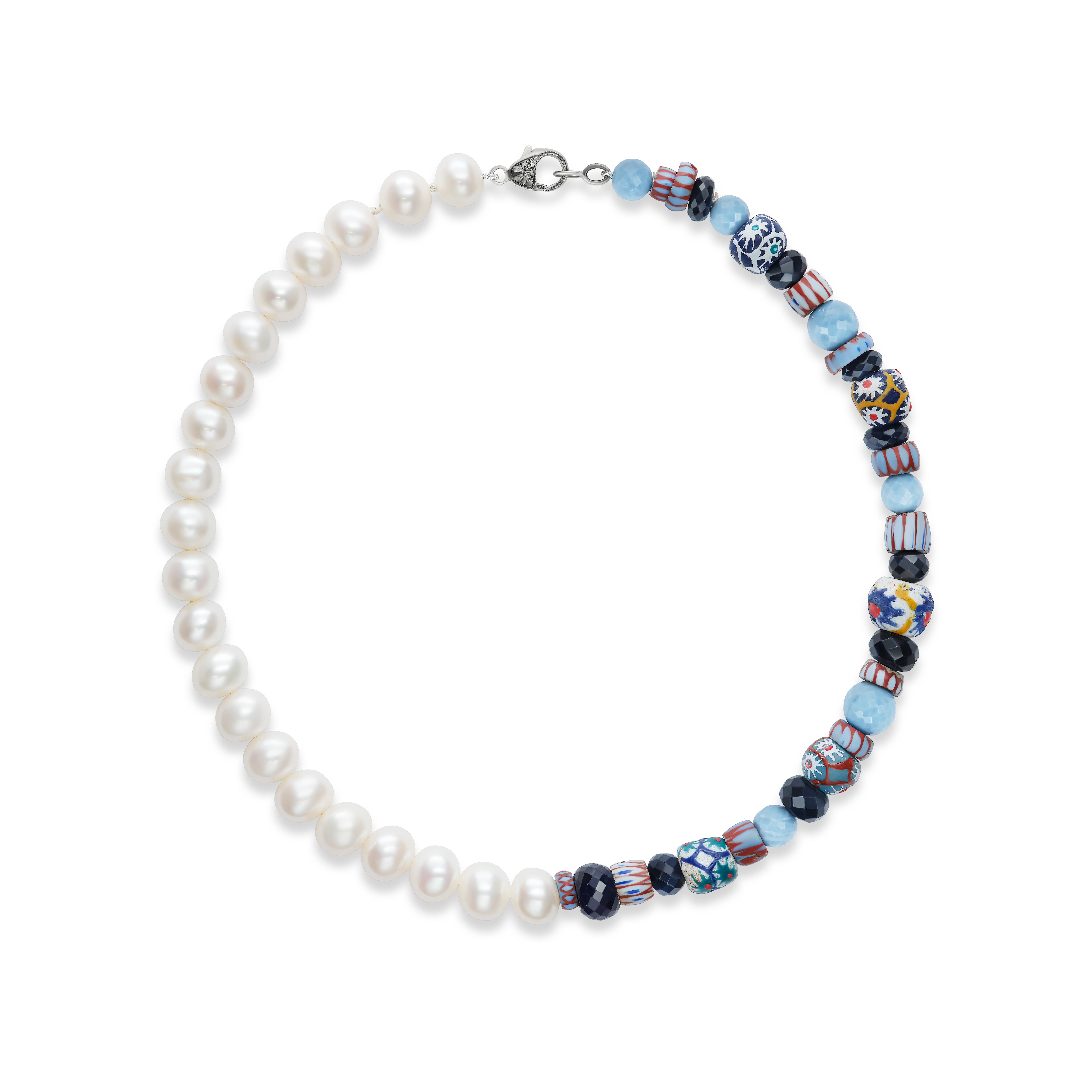 Oxidized silver pearl, opal, millefiori and sapphire beaded choker necklace by Sylva & Cie Tiny Gods 