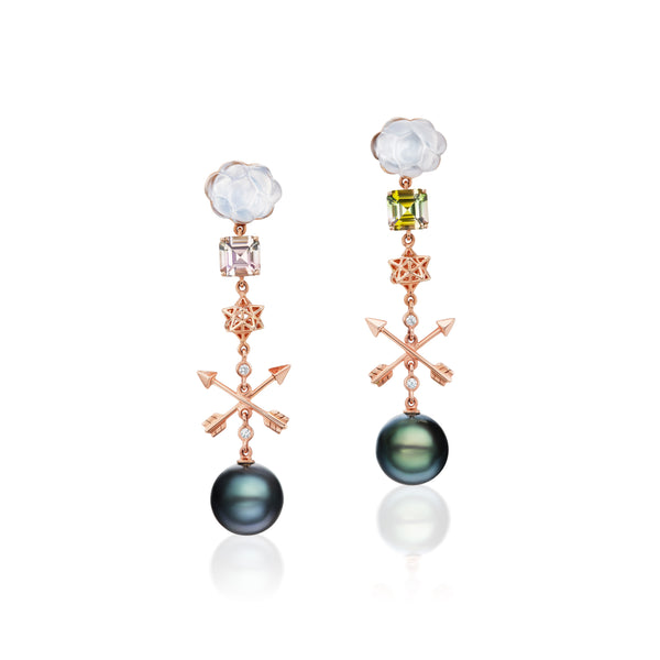 18k rose gold tourmaline , pearl hanging from the cloud earrings Bibi Van Der Velden Tiny Gods 