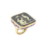 18k yellow gold enamel diamond peas in a pod vintage Japanese hand carved cameo ring by Francesca Villa Tiny Gods