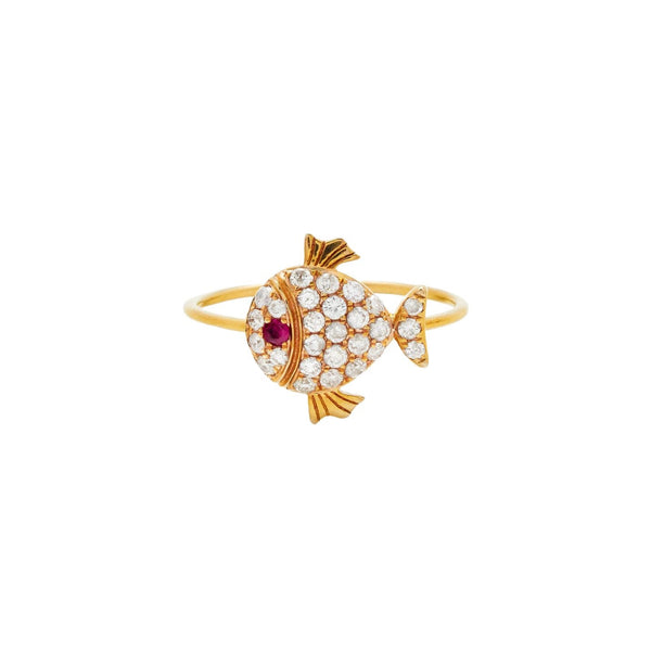 18k yellow gold bague petit poisson fish pinky diamond pave with ruby ring by Yvonne Léon Tiny Gods