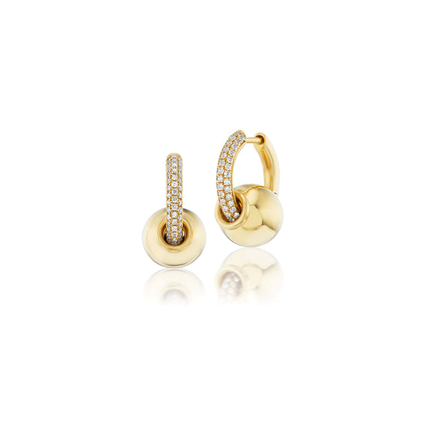 14k yellow gold piercing earrings with pave diamond huggies and yellow gold ball by Rainbow K Tiny Gods