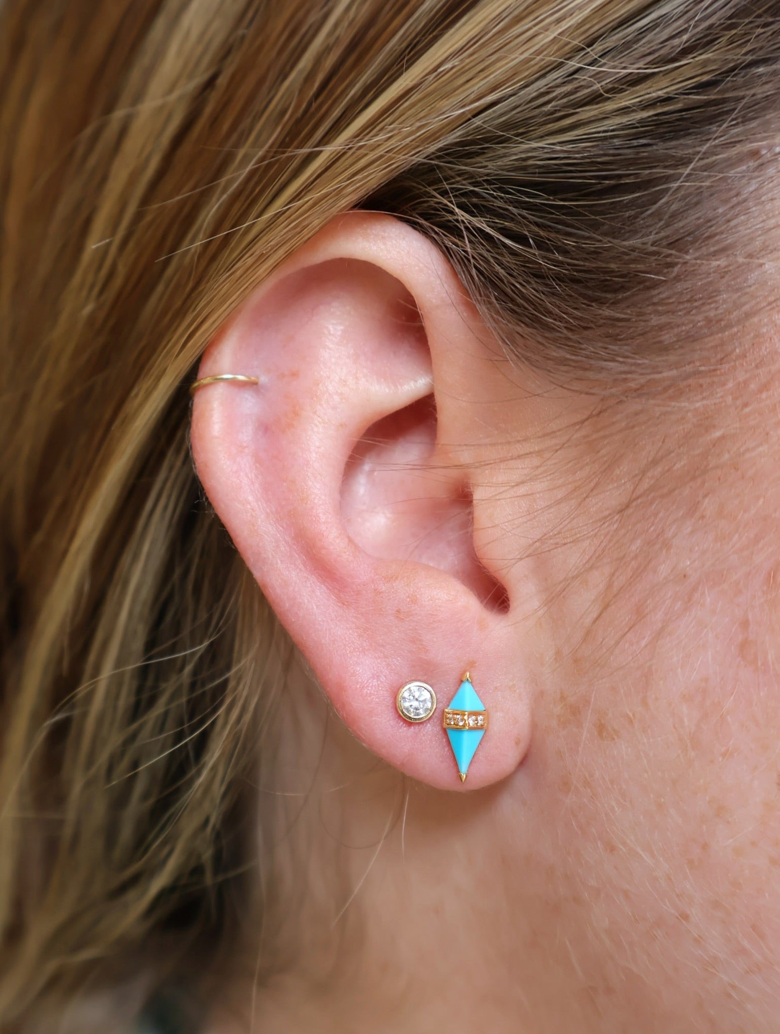 18K Yellow Gold Pietra studs featuring turquoise and diamond by Sorellina