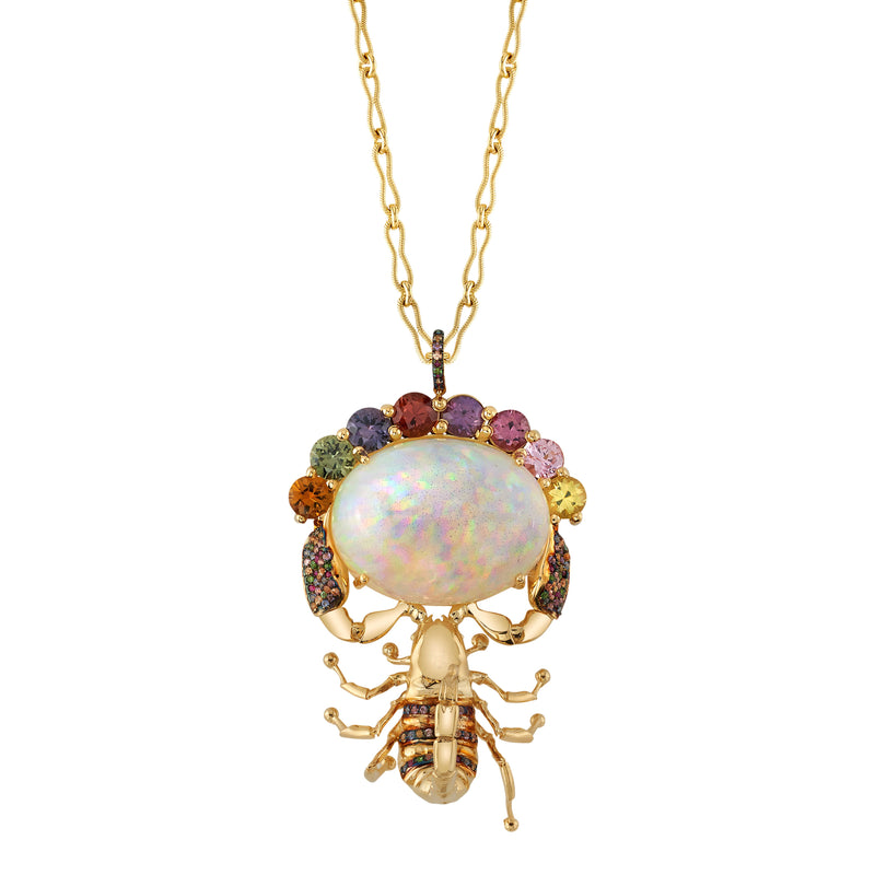18k yellow gold pinacete scorpion necklace with opal and multicolored sapphires by Daniela Villegas Tiny Gods