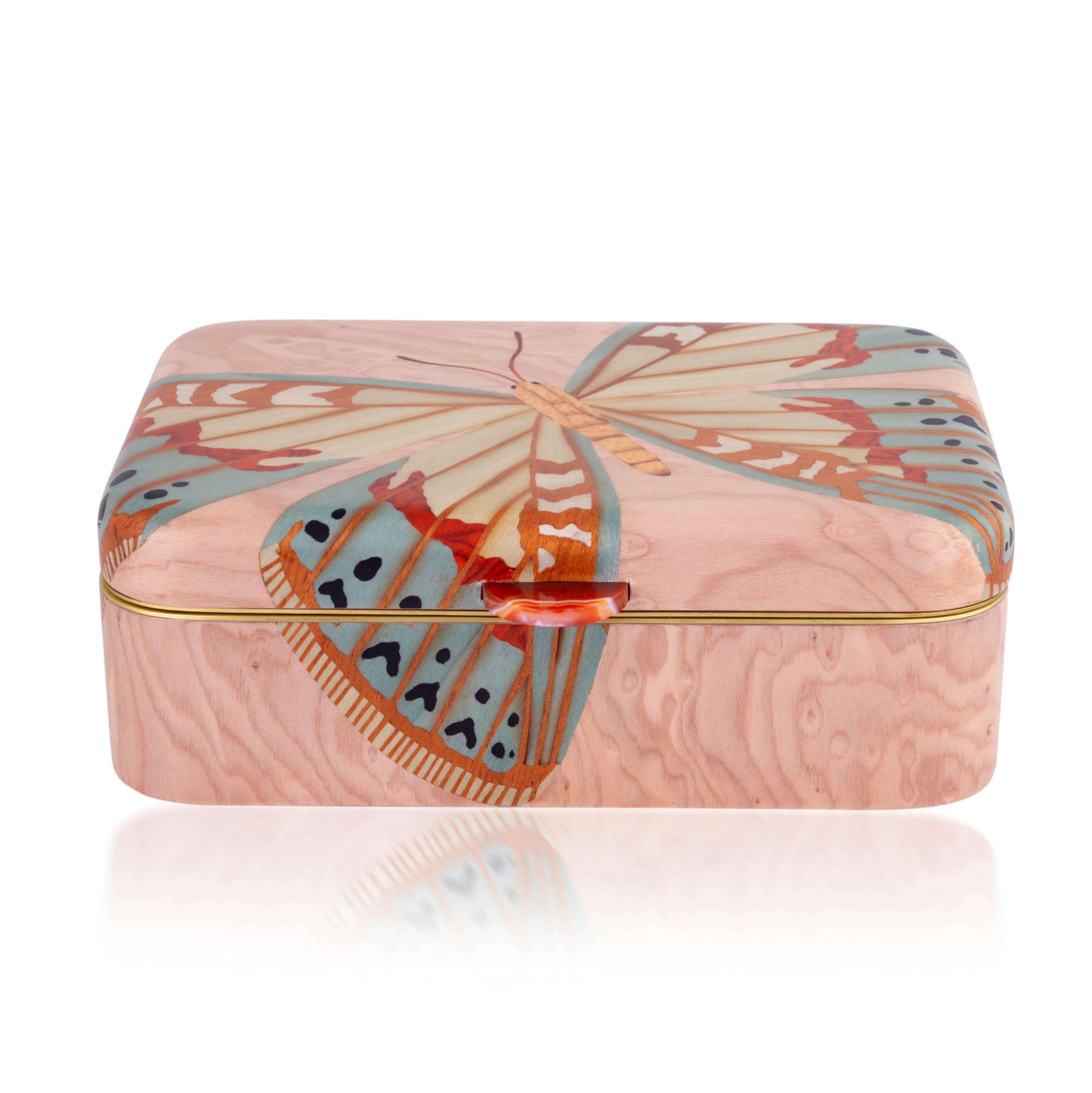 pink butterfly wooden marquetry jewelry box by Silvia Furmanovich Tiny Gods 