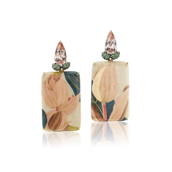 18k yellow gold pink morganite, tsavorite rectangular flora fauna pink tulip marquetry wood earrings by Silvia Furmanovich Tiny Gods