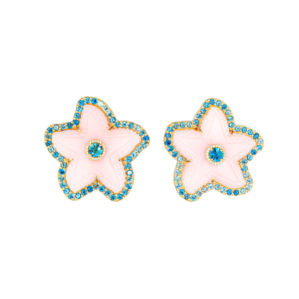 18k rose gold carved pink opal starfish earrings with blue aquamarine by Guita M Tiny Gods