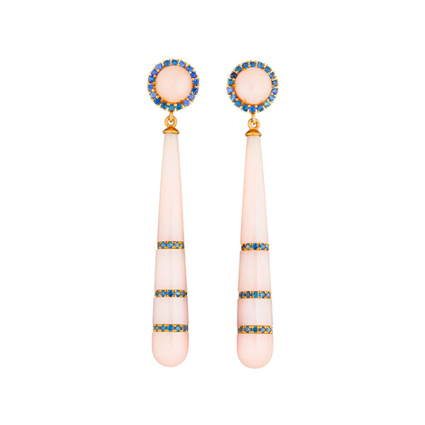 18k rose gold long pink opal drop earrings with blue sapphire by Guita M Tiny Gods