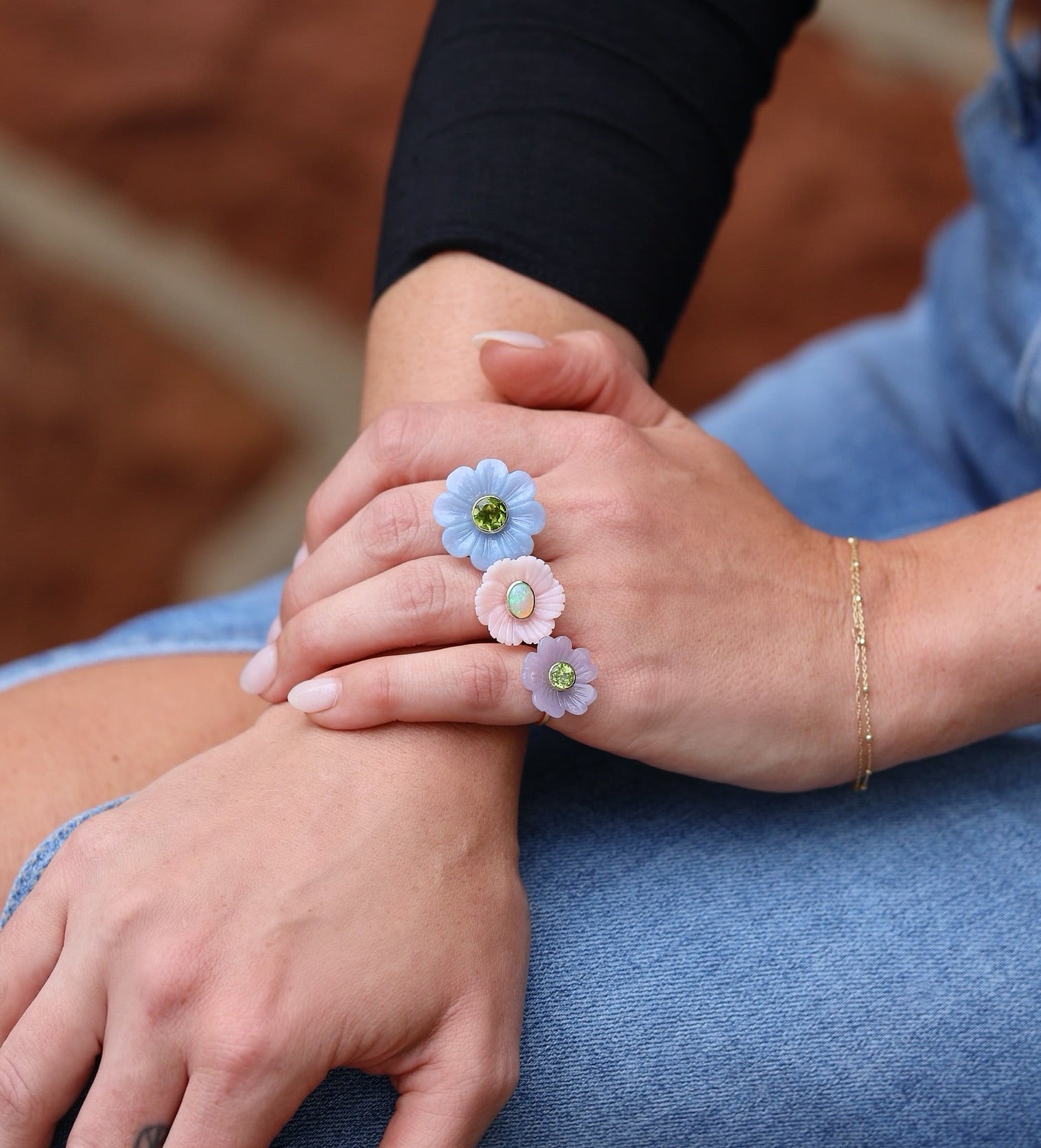 18k. yellow gold carved pink opal and Ethiopian opal flower ring by Sophie Joanne Tiny Gods