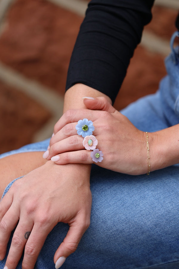 18k. yellow gold carved pink opal and Ethiopian opal flower ring by Sophie Joanne Tiny Gods