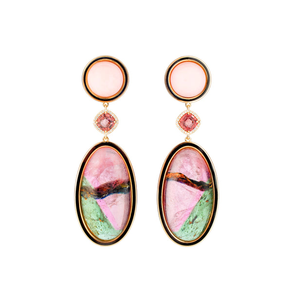18k rose gold pink opal and bi-colored tourmaline pink green earrings by Guita M Tiny Gods