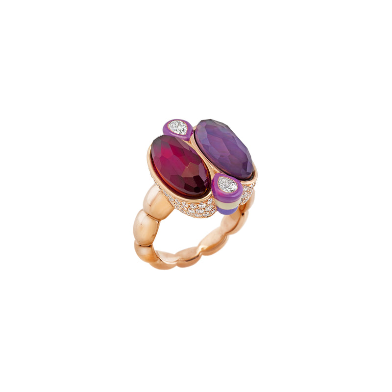 18k rose pink gold amethyst and rhodolite duo mother of pearl and diamond purple enamel ring by Francesca Villa Tiny Gods