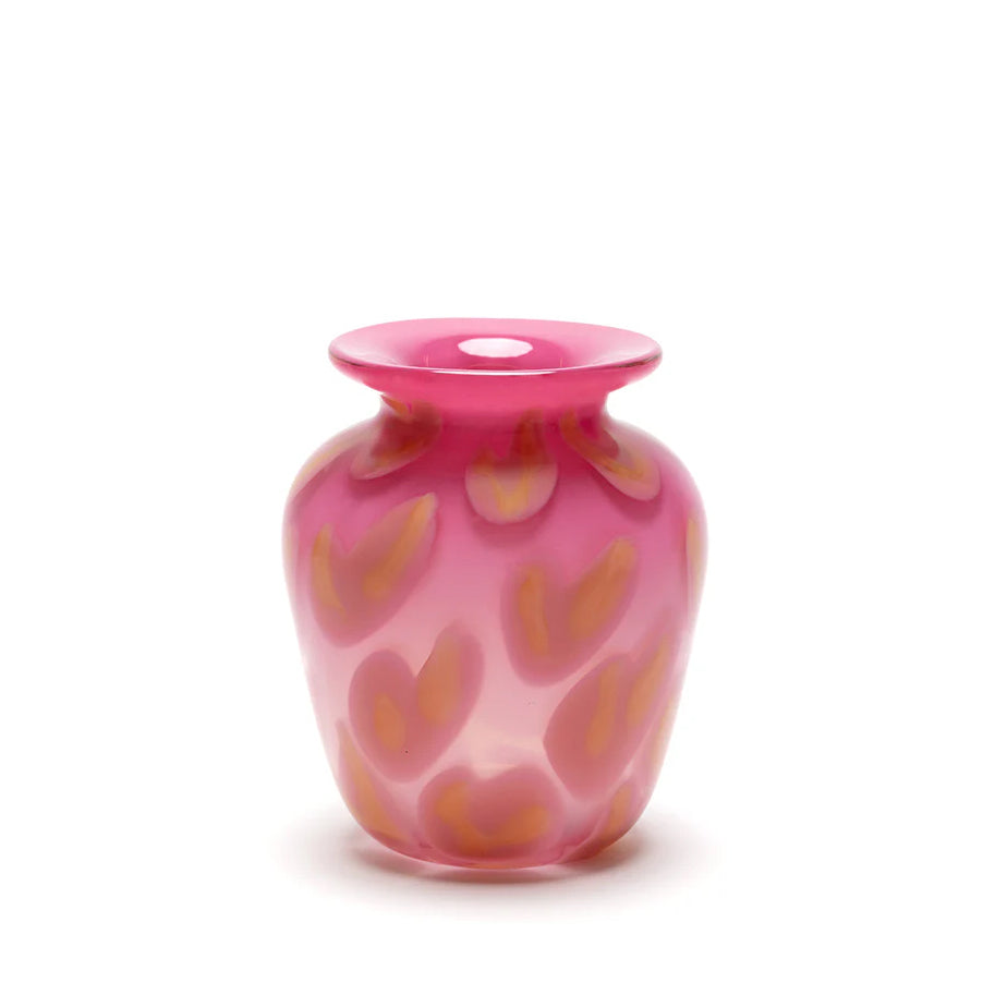 pink glass hand blown vase with pink and flamingo heart stroked by Paul Arnhold Tiny Gods 