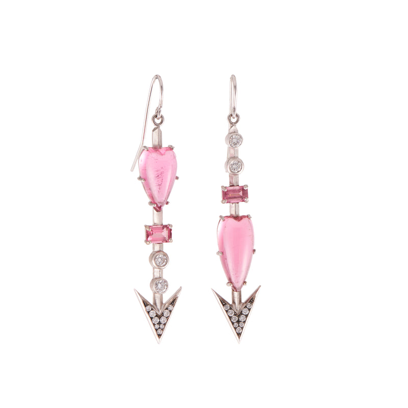 18k white gold heart & arrow earrings with pink tourmaline and round brilliant cut diamonds by Sylva & Cie Tiny Gods