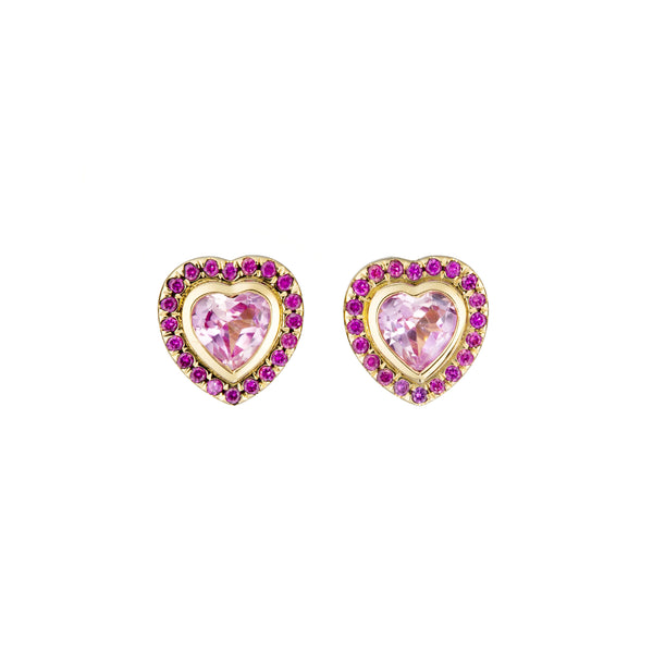 18k yellow gold pink sapphire and ruby heart stud earrings by Guita M Tiny Gods