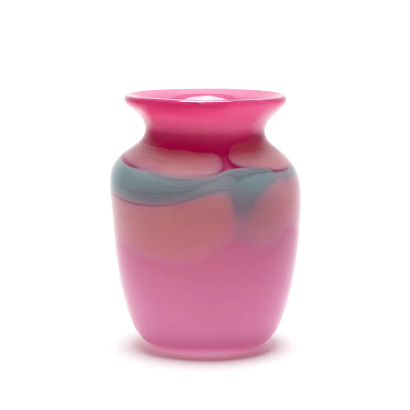 Pink hand blown glass vase with teal and pink stripes by Paul Arnhold Tiny Gods 