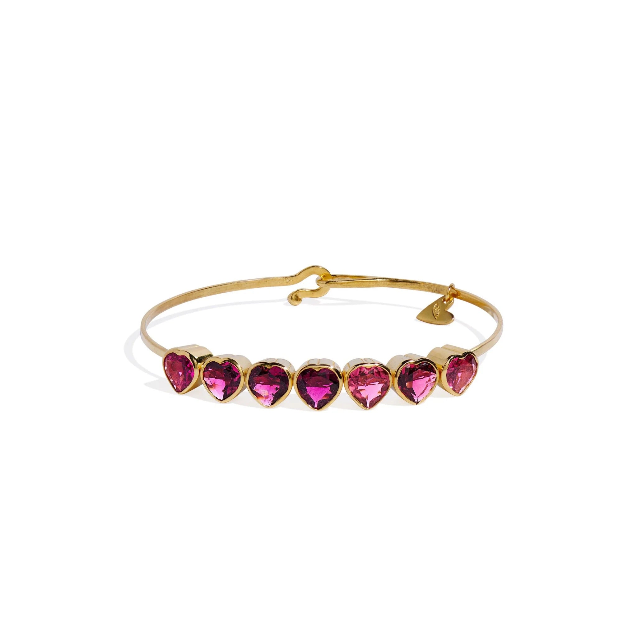 14k yellow gold 7 heart pink tourmaline bangle bracelet by Christina Alexiou Tiny Gods 