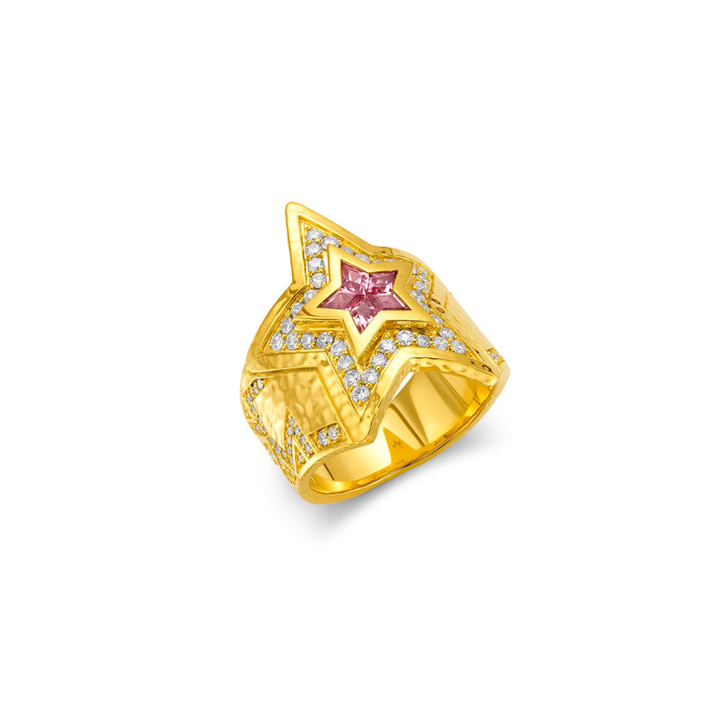 20k yellow gold pink tourmaline star wrap diamond ring by Buddha Mama Tiny Gods 