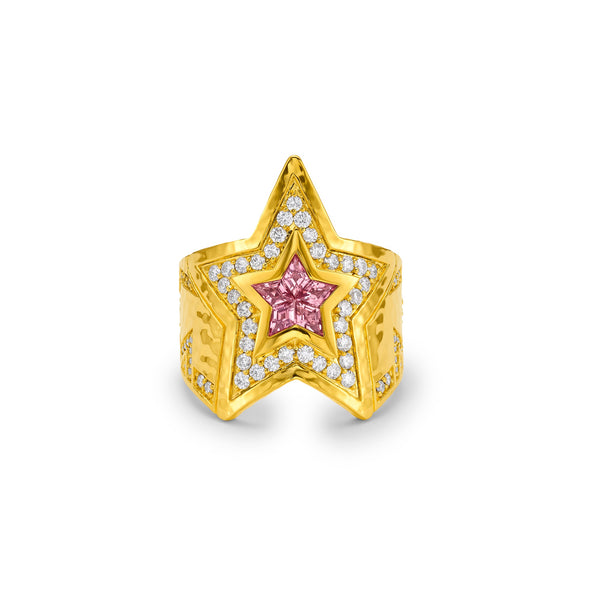 20k yellow gold pink tourmaline star wrap diamond ring by Buddha Mama Tiny Gods 