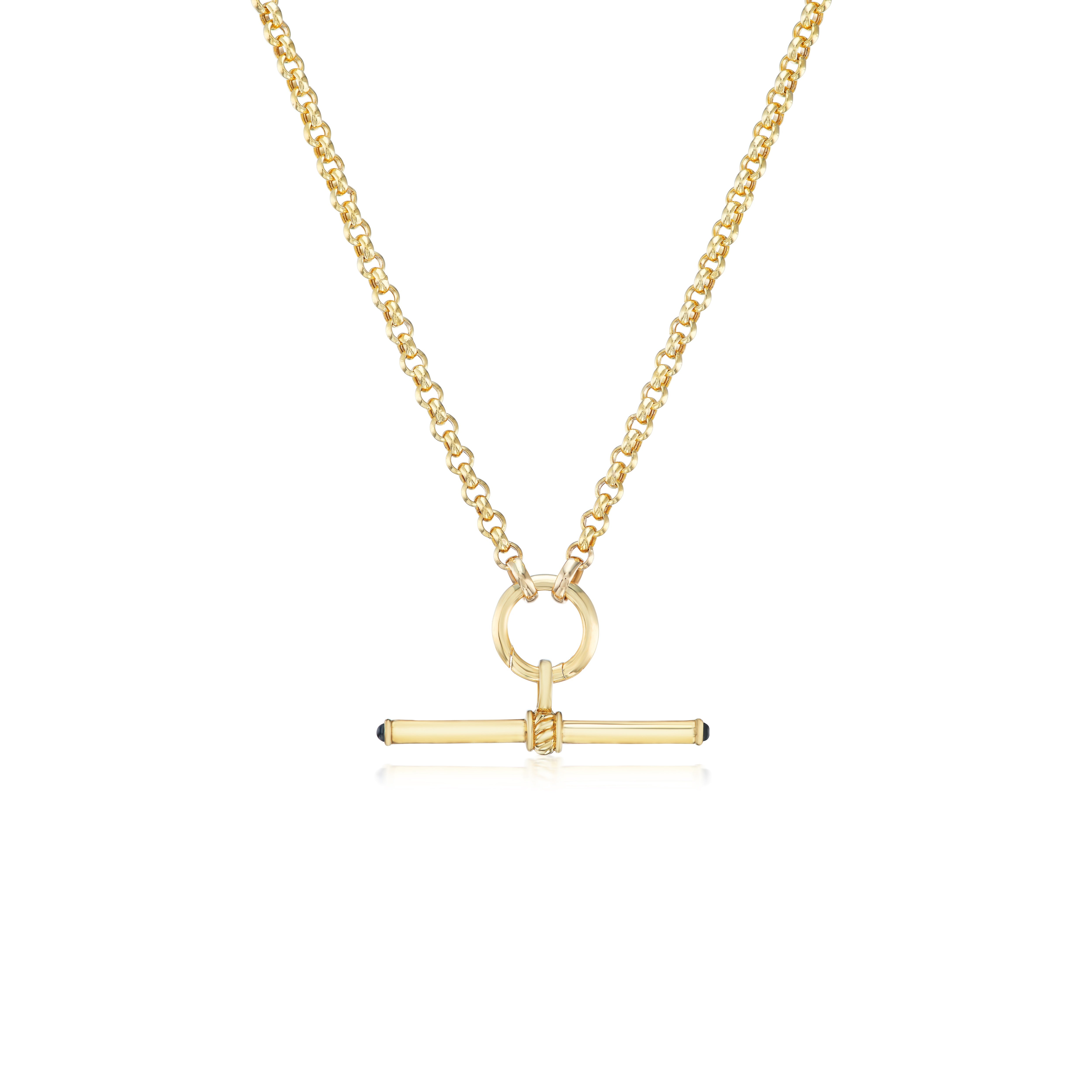 14k yellow gold plain gold t bar with blue sapphire pendant necklace by Lucy Delius Tiny Gods