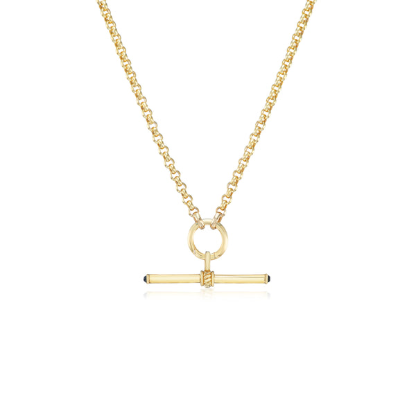 14k yellow gold plain gold t bar with blue sapphire pendant necklace by Lucy Delius Tiny Gods